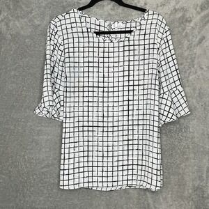 Elle XL Shirt Top White Check Bell Short Sleeve Scoop Neck Button Back Womens